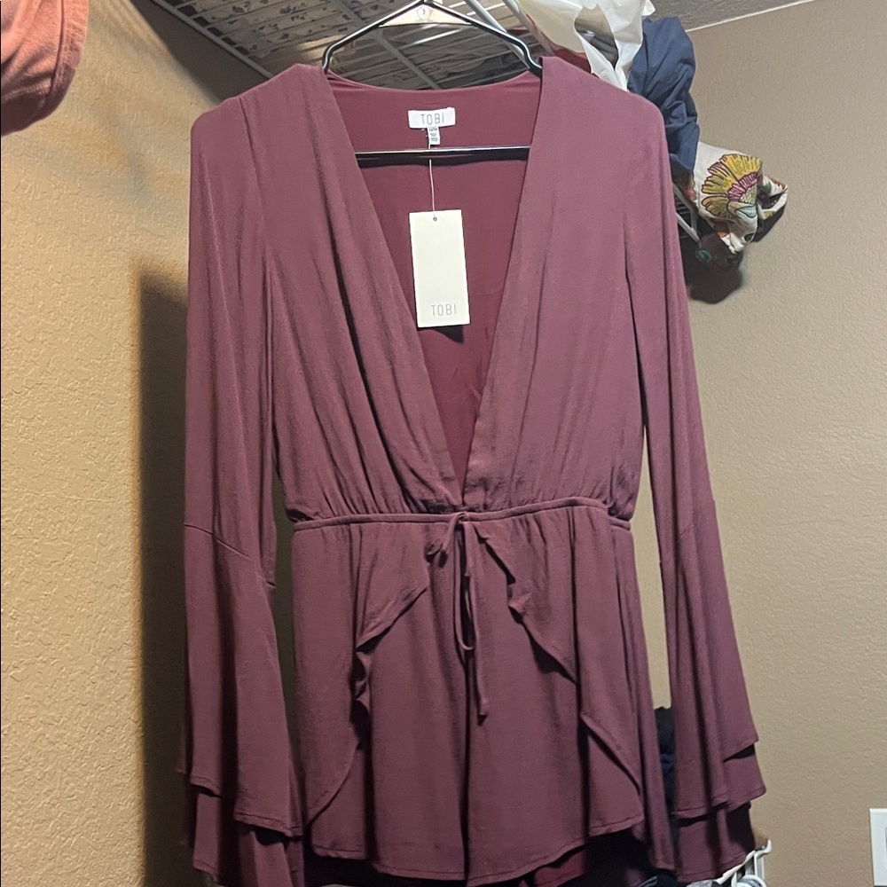 Tobi Deep Red Long Sleeve Wrap Top